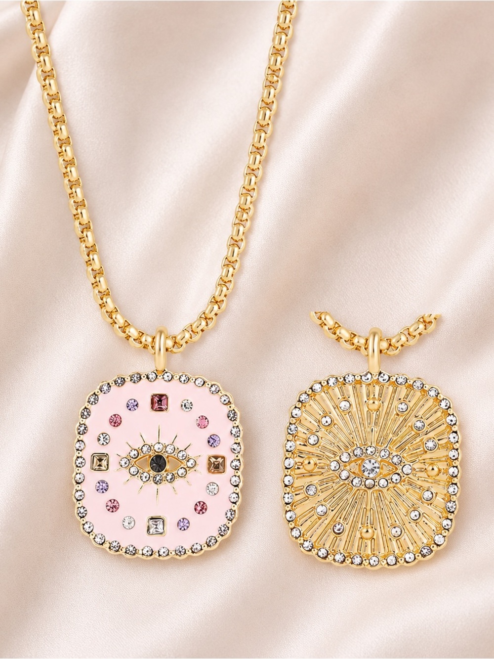 Gold Pink Evil Eye Pendant Necklace with Crystal Accents Y2K - Picture 3 of 7